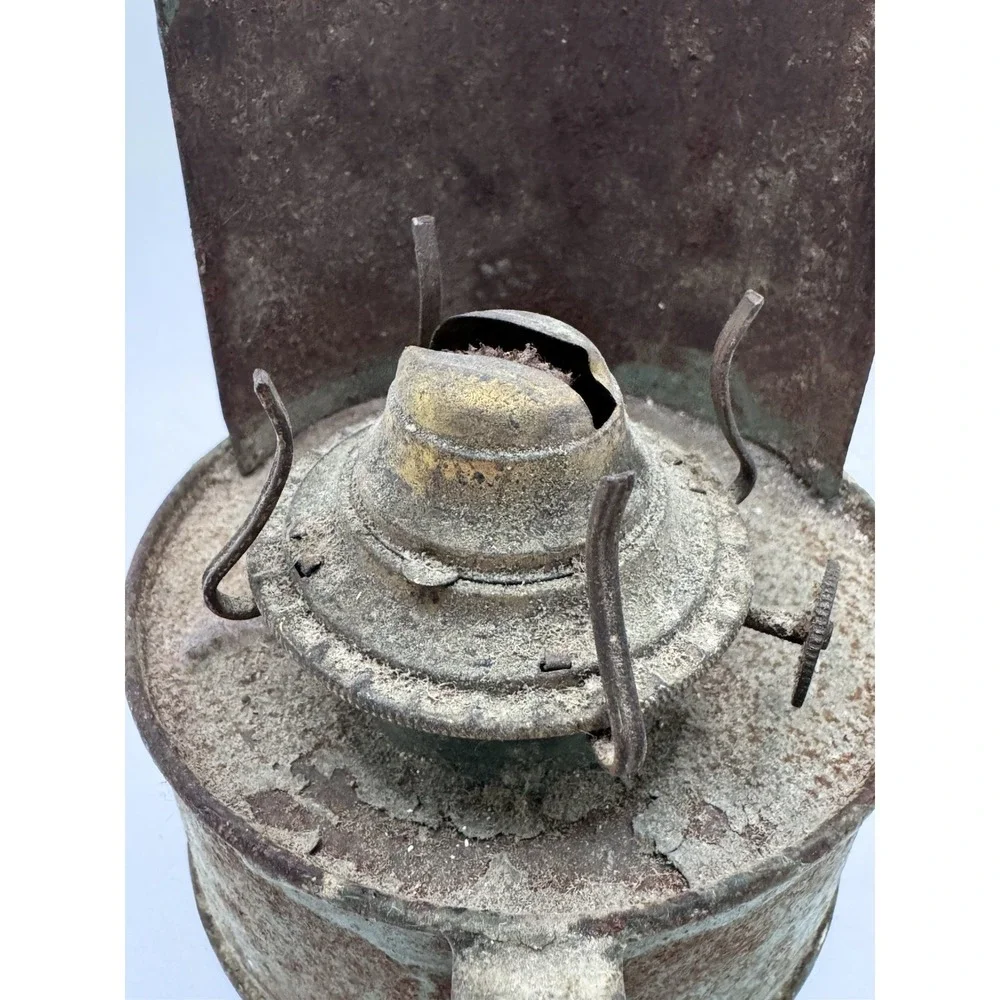 Antique 19th C Primitive Tin Reflector Oil Lamp With Old Blue Paint Surface